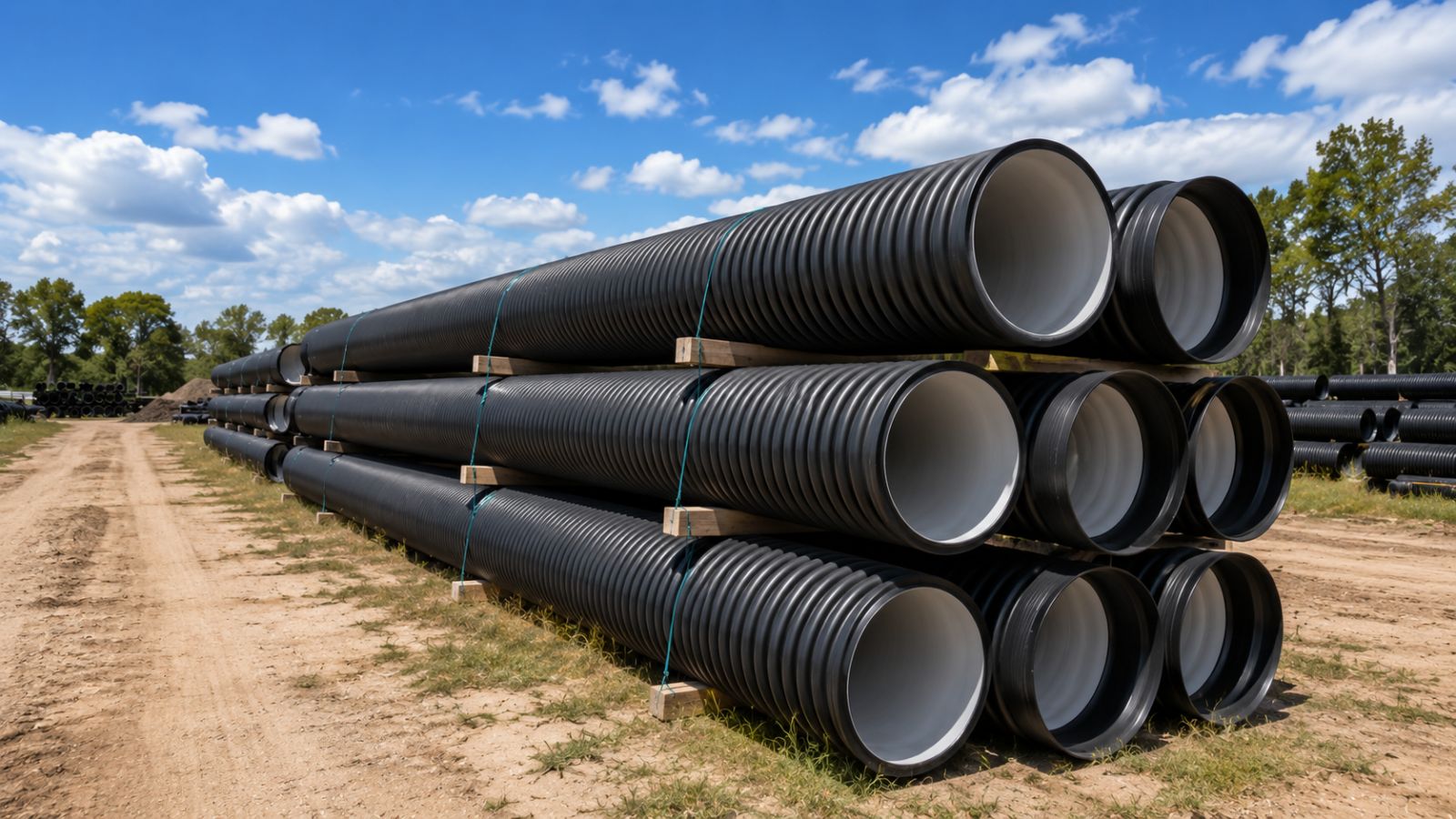 Stacked lengths of large diameter stormwater pipe on a laydown area