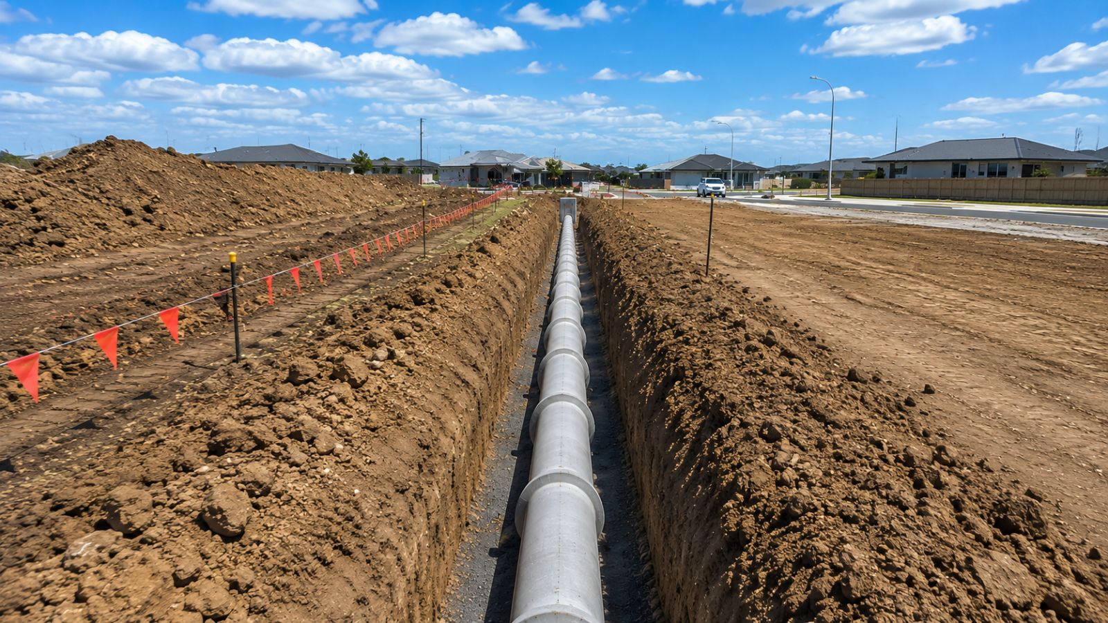 Concrete stormwater main bedded in an open trench on a residential subdivision