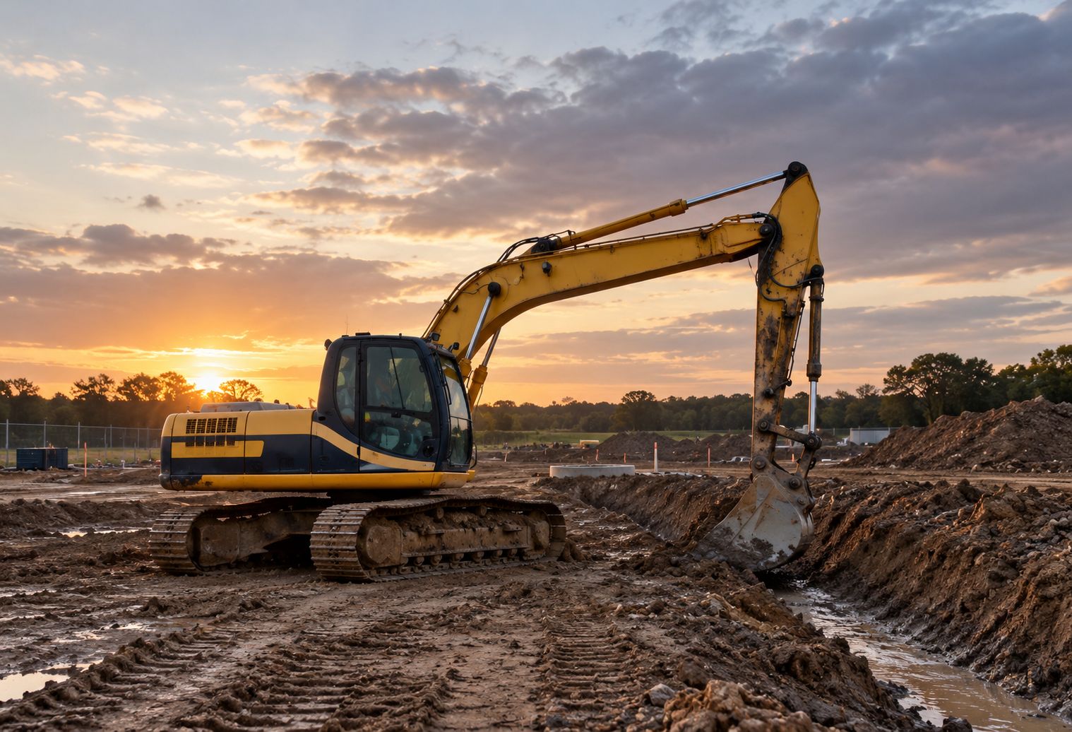 Excavator cutting a drainage trench on a civil earthworks site at dusk